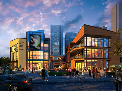 Bustling Modern Commercial Street Plaza With Illuminated Buildings Shops And Pedestrians 3d model