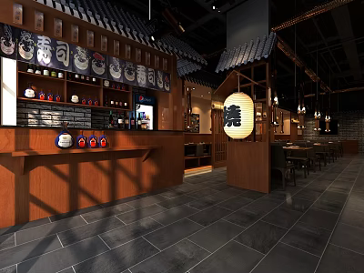 Traditional Japanese Restaurant Interior With Wooden Decor Lanterns Masks And Seating Area 3d model
