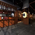 Traditional Japanese Restaurant Interior With Wooden Decor Lanterns Masks And Seating Area