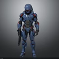 Sci Fi Robot Character In Blue Mech Suit With Red Accents And Weapon