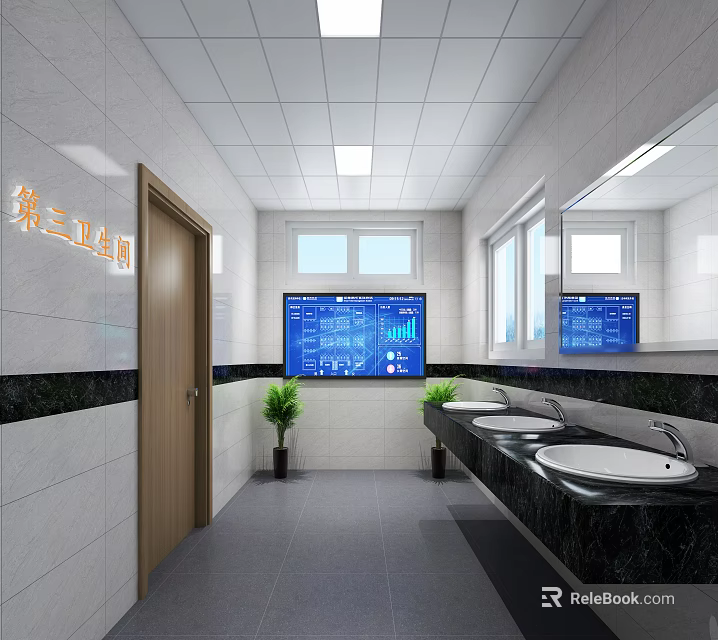 Bright Public Restroom Interior With White Tiled Walls Black Countertops Digital Screen And Potted Plants 3d model 