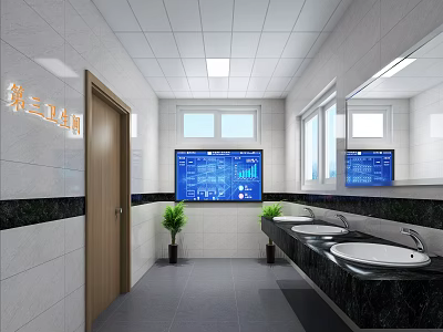 Bright Public Restroom Interior With White Tiled Walls Black Countertops Digital Screen And Potted Plants 3d model
