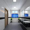 Bright Public Restroom Interior With White Tiled Walls Black Countertops Digital Screen And Potted Plants