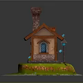 Small House With Red Roof Brick Chimney Blue Door Windows Stone Steps Lamp And Grass