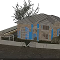 Classic Brick Detached Villa With Sloped Tile Roof Large Windows Front Tree And Fence Driveway