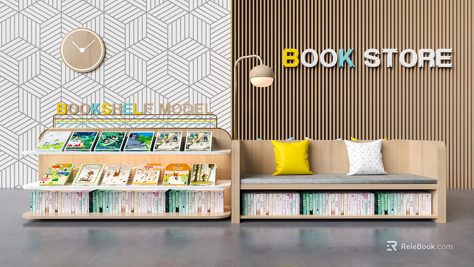 Stylish Modern Bookshelf Design With Displayed Books Sofa Pillows Geometric Wallpaper Clock And Lamp 3d model 