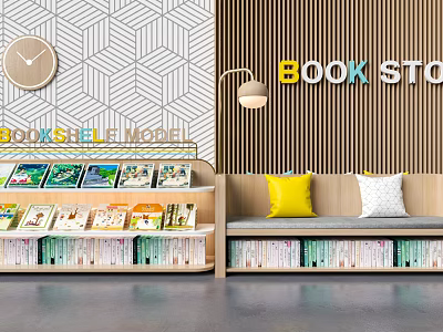 Stylish Modern Bookshelf Design With Displayed Books Sofa Pillows Geometric Wallpaper Clock And Lamp 3d model