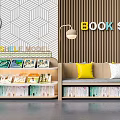 Stylish Modern Bookshelf Design With Displayed Books Sofa Pillows Geometric Wallpaper Clock And Lamp