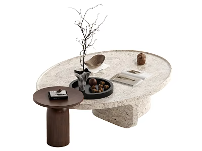 Round Stone Coffee Table With Black Vase Twigs Wooden Decor And Small Brown Side Table 3d model