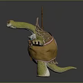 Anthropomorphic Turtle Character With Leaf Adorned Shell Green Limbs Brown Cloth And Wooden Staff Standing Pose