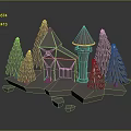 Cartoon Miniature Scene With Pointed Roof Building Pine Trees And Stones