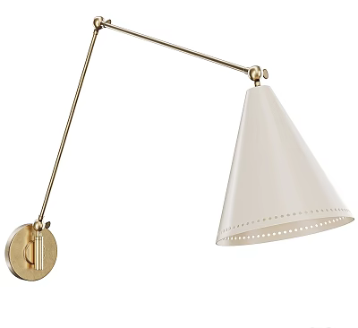 Modern Brass Wall Lamp With Perforated Conical White Shade And Adjustable Arm 3d model