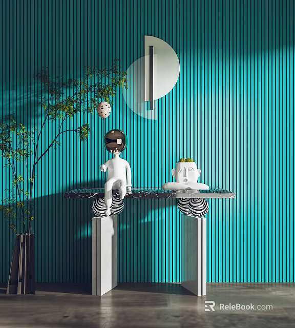 Console Table with Marble Top against Teal Striped Wall White Sculpture Green Plant Circular Decor 3d model 
