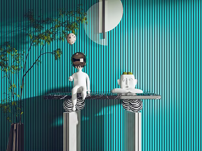 Console Table with Marble Top against Teal Striped Wall White Sculpture Green Plant Circular Decor 3d model
