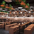 Modern Restaurant Interior With Wooden Tables Chairs Hanging Plants And Pendant Lights