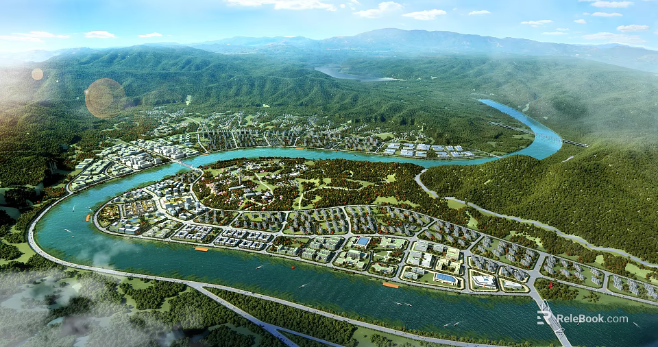 Aerial Planning View Of Urban Layout With River Green Spaces And Mountains 3d model 
