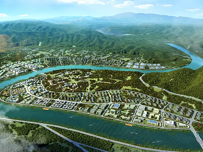 Aerial Planning View Of Urban Layout With River Green Spaces And Mountains 3d model