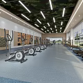 Spacious Modern Fitness Gym Interior With Camouflage Ceiling Wooden Walls And Workout Equipment