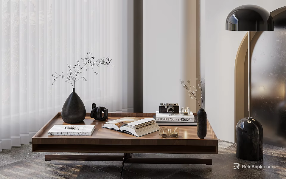 Decorative Ornament Combination On Wooden Coffee Table With Black Vases Dried Flowers Open Books And Camera 3d model 