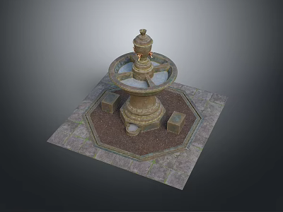 Classical Multi tiered Fountain With Circular Basin Square Pedestal Stone Slab Floor And Ornate Top 3d model