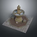 Classical Multi tiered Fountain With Circular Basin Square Pedestal Stone Slab Floor And Ornate Top