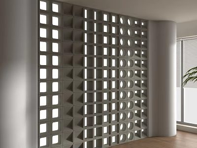 Modern Gray Room Divider With Geometric Pattern And Square Circular Openings In Interior Space 3d model