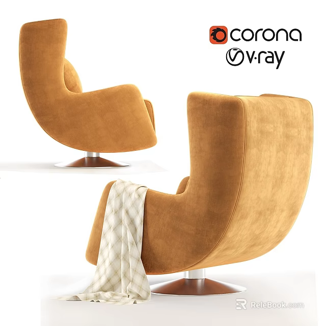 Cozy Orange Upholstered Armchair Featuring Curved Backrest And Metal Base With Throw Blanket 3d model 