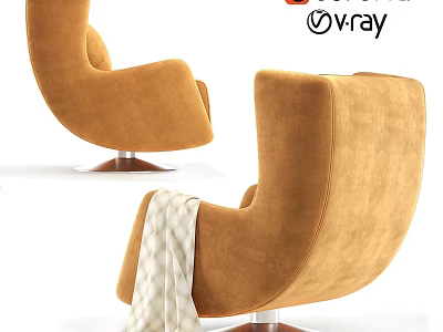 Cozy Orange Upholstered Armchair Featuring Curved Backrest And Metal Base With Throw Blanket 3d model