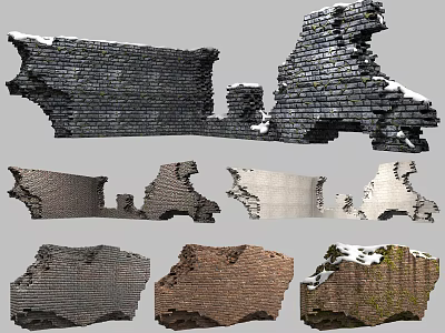 Ruined Building Exterior Wall With Snow Covered Brick Structure And Various Colors 3d model