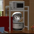 White Kitchen Storage Shelf with Microwave Rice Cooker Hanging Utensils Window Plant Fruit Basket