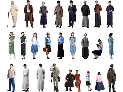 Group Of People In Various Vintage Clothing Styles 3d model