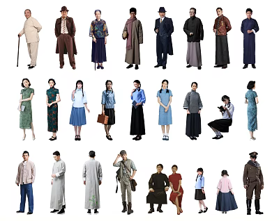 Group Of People In Various Vintage Clothing Styles 3d model