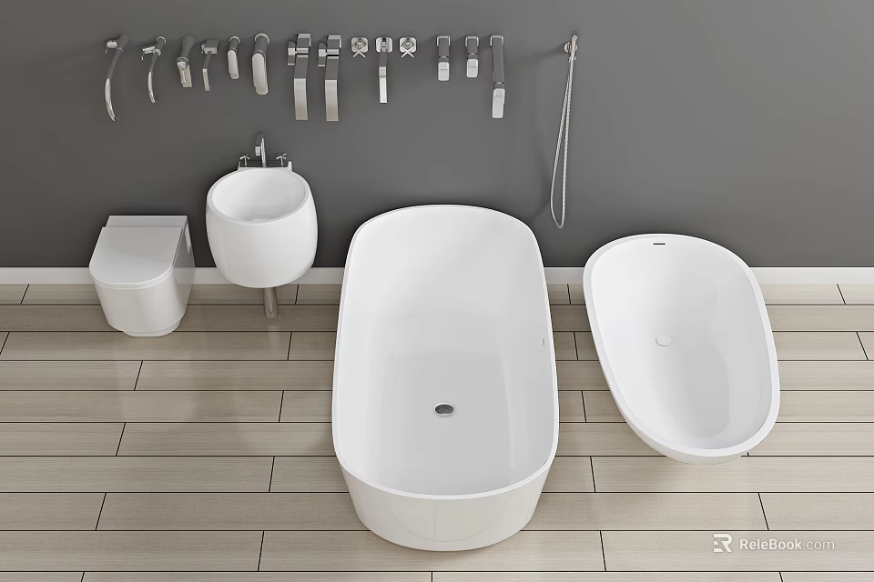 Elegant Modern Bathroom Suite With Bathtubs Toilet Sink And Wall Mounted Faucets 3d model 