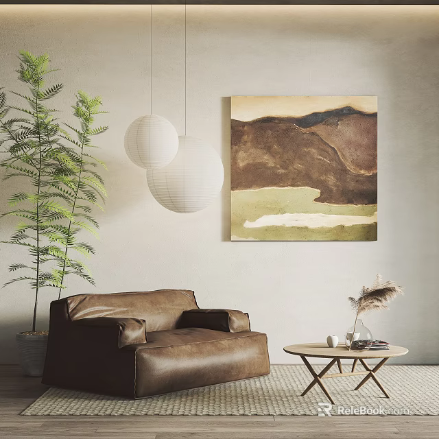 Brown Leather Single Sofa In Living Room With Wall Painting Hanging Lamps And Green Plant 3d model 