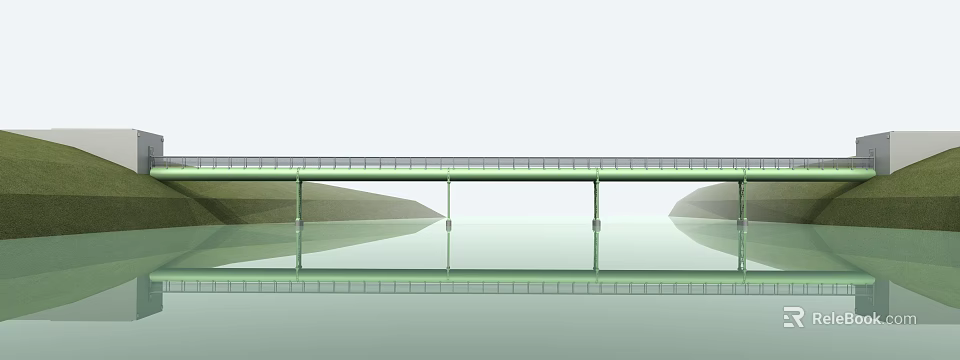 Long Pipeline Structure Over Calm Water With Concrete Support Pillars In Green Landscape 3d model 