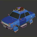 Blue Car With Luggage On Roof And Yellow Wheels In Cartoon Design