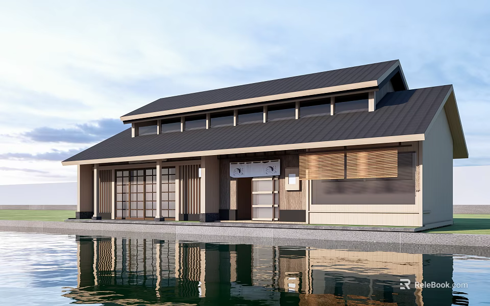 Traditional Japanese Guesthouse Building With Black Roof Wooden Sliding Doors And Pond Reflection 3d model 