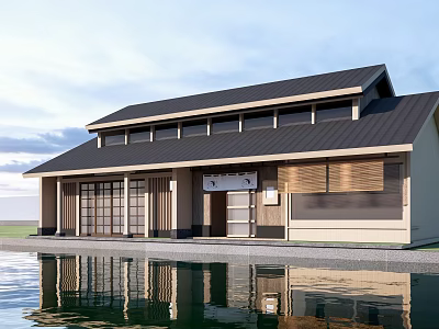 Traditional Japanese Guesthouse Building With Black Roof Wooden Sliding Doors And Pond Reflection 3d model