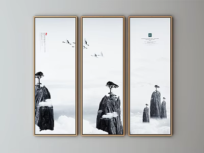 Ink Wash Landscape Painting With Mountains Clouds Lone Pine Flying Birds In Triptych Golden Frame 3d model