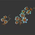 Blue Flowers With Multiple Petals On Branches With Leaves Against Dark Background And Reflective Effect