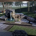 Park Landscape With Wooden Pergola Stone Steps Red Ornaments Tall Trees And Lush Grass