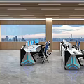 Modern High Tech Control Room With Multiple Consoles Blue Lighting And City View Windows 3d model