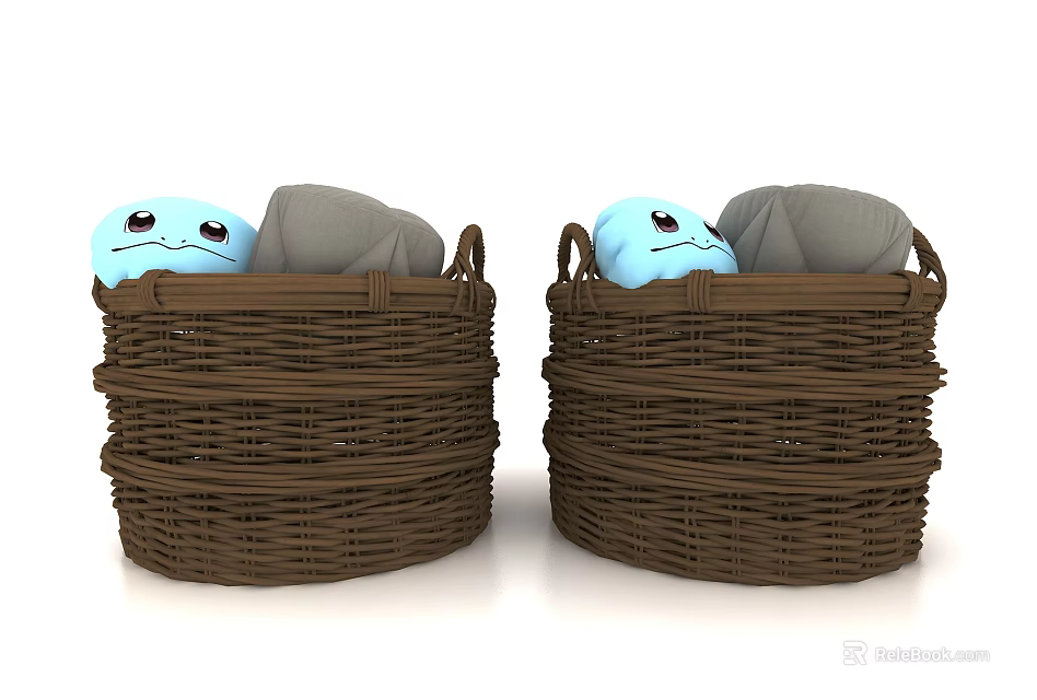 Brown Woven Storage Baskets Containing Gray Cushions and Blue Stuffed Toys 3d model 