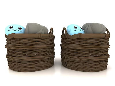 Brown Woven Storage Baskets Containing Gray Cushions and Blue Stuffed Toys 3d model