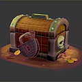 Decorative Wooden Treasure Chest With Purple Lock Gold Coins And Skull