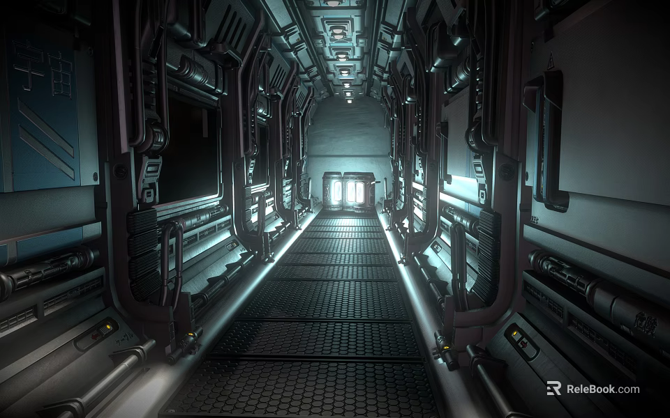 Futuristic Elevator Corridor Design With Metallic Walls Control Panels And Grated Floor Lighting 3d model 