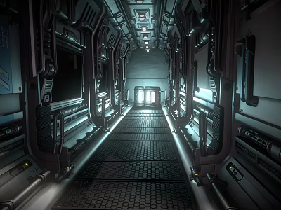 Futuristic Elevator Corridor Design With Metallic Walls Control Panels And Grated Floor Lighting 3d model