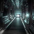 Futuristic Elevator Corridor Design With Metallic Walls Control Panels And Grated Floor Lighting