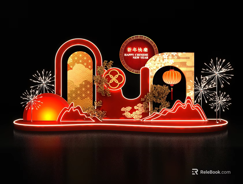 New Year Photo Check In Spot With Red Gold Archway Lantern Fireworks Illuminated Sphere 3d model 