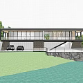 Modern Detached Villa With Glass Facade Illuminated Exterior And Water Reflection On Lawn